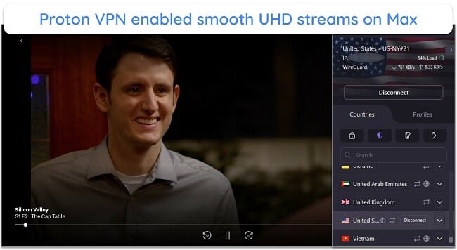 Screenshot showing Max streaming while connected to Proton VPN