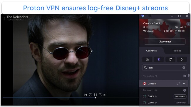 Screenshot showing Disney+ streaming while connected to Proton VPN