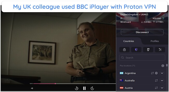 Screenshot showing BBC iPlayer streaming while connected to Proton VPN