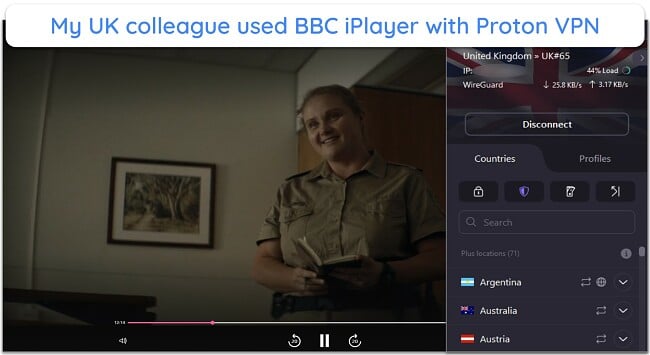 Screenshot showing BBC iPlayer streaming while connected to Proton VPN