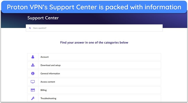 Screenshot of Proton VPN's Support CenterScreenshot of Proton VPN's Support Center