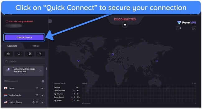 Screenshot showing how to use Proton VPN's Quick Connect feature