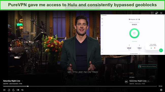 Screenshot of PureVPN unblocking Hulu