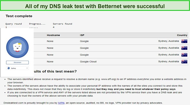 Capture d'écran du test de fuite DNS réussi avec un serveur à Sydney, Australie