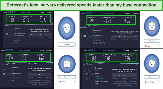 Screenshot of Betternet speed test results in the US, UK, China, and Australia