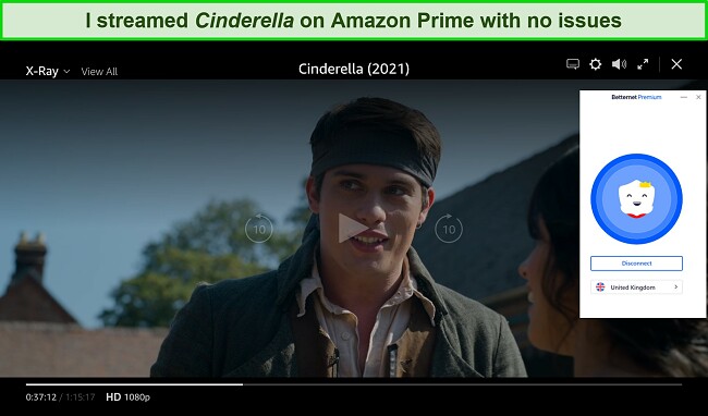 Captura de pantalla de Cenicienta reproduciendo en Amazon Prime Video, mientras que BetterNet está conectado a un servidor en el Reino Unido