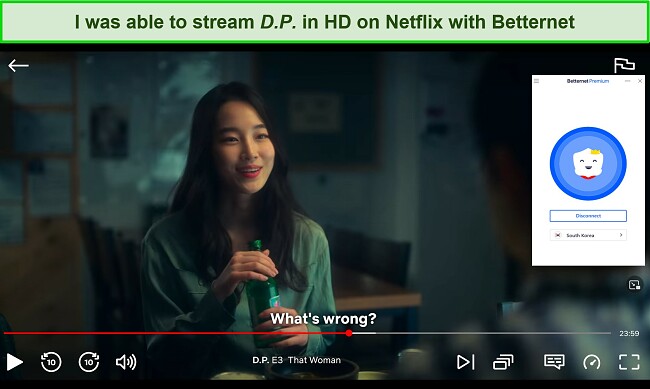 Στιγμιότυπο οθόνης αυτής της γυναίκας που παίζει στο Netflix ενώ το BetterNet συνδέεται με έναν διακομιστή στις ΗΠΑ