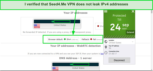 Screenshot of IPv4 leak test on a Seed4Me VPN server