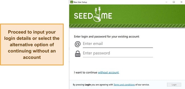 Screenshot of Seed4Me's login interface