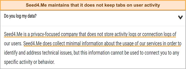 Screenshot of no-logging policy from Seed4Me VPN's website