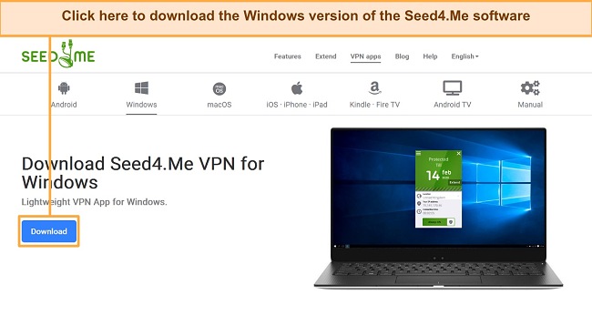 Screenshot of Seed4Me's application download page