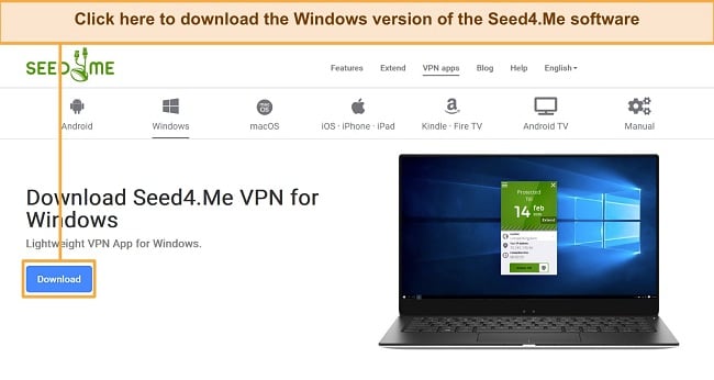 Screenshot of Seed4Me's application download page