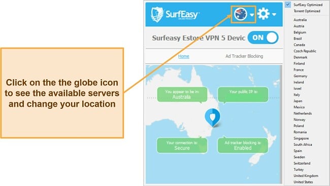 Screenshot of SurfEasy's server and connection screen