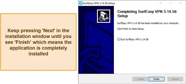 Screenshot of SurfEasy's installation process