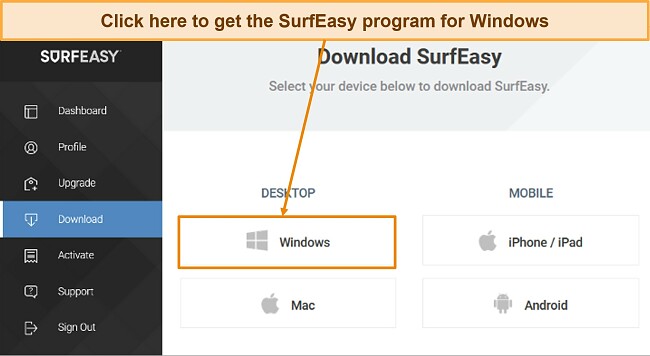 Screenshot of the download page for SurfEasy's Windows setup file