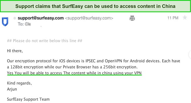 Screenshot of my interaction with SurfEasy regarding its activities in China