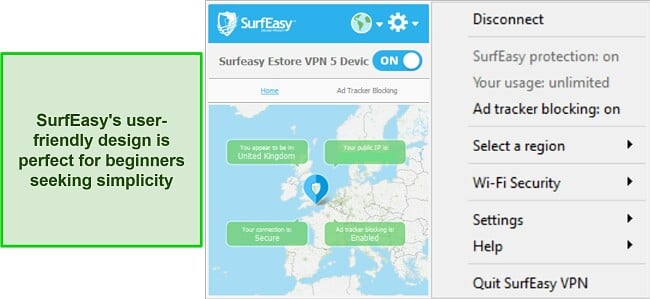 Screenshot showing SurfEasy's user interface