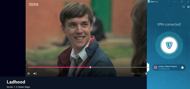 ZenMate İngiltere'deki bir sunucuya bağlıyken BBC iPlayer'da Ladhood akışının ekran görüntüsü