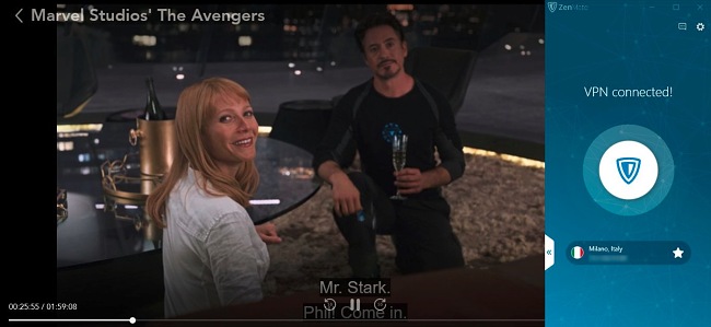 The Avengers streaming on Disney+ while ZenMate is connected to its optimized streaming server in Italy