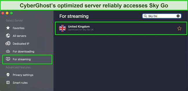 Screenshot of CyberGhost's dedicated Sky Go streaming server