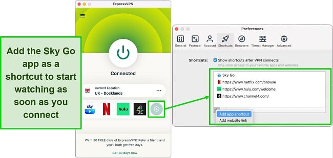 Screenshot of ExpressVPN's shortcut settings on the macOS app