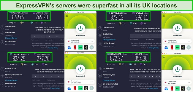 Screenshot of ExpressVPN speed test results on 4 UK servers