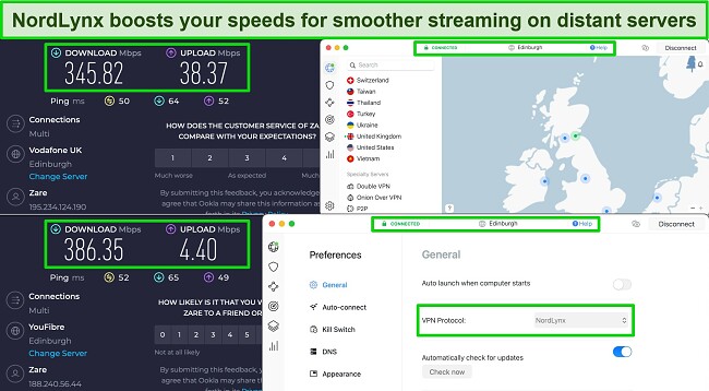 Screenshot of NordVPN's speed test results showing NordLynx's faster speeds on the Edinburgh server