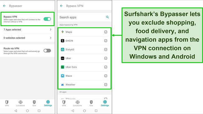 Screenshot of Surfshark's Bypasser feature being used to exclude apps from the VPN's connection on Android