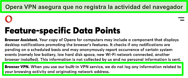 Captura de pantalla de la política de privacidad de Opera que muestra que la VPN no registra registros.