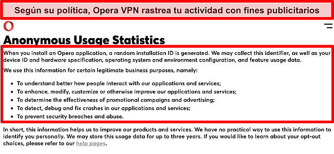 Captura de pantalla de la política de privacidad de Opera VPN 