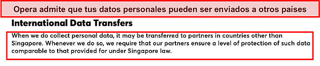 Captura de pantalla de la política de Opera sobre transferencias internacionales de datos.