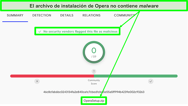 Captura de pantalla de un escaneo de malware que muestra que no se encontraron virus en el archivo de instalación de Opera.