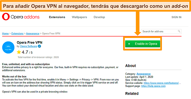 Captura de pantalla del sitio web del complemento Opera VPN.