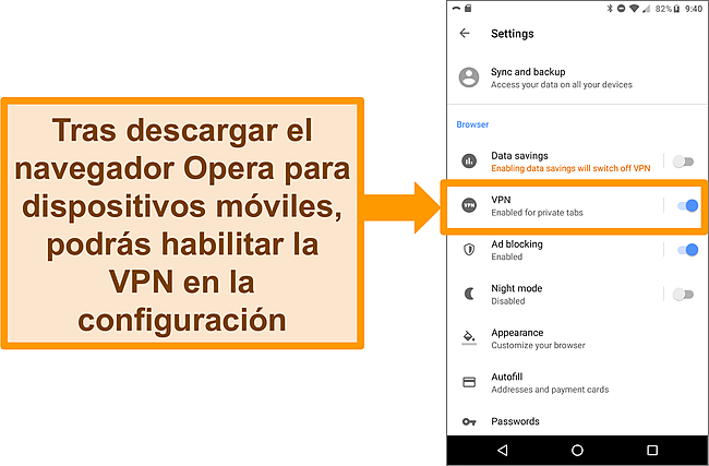 Captura de pantalla del menú de configuración del navegador Opera de Android que muestra la opción VPN habilitada.
