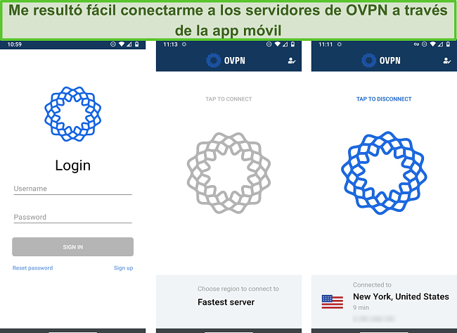 Captura de pantalla del proceso de inicio de sesión de OVPN en el móvil