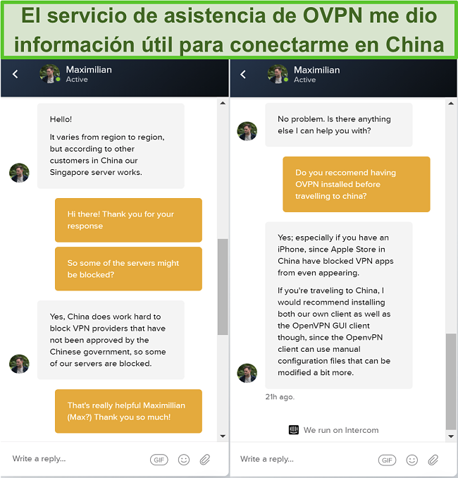 Captura de pantalla del chat en vivo con OVPN sobre si los servidores funcionan en China