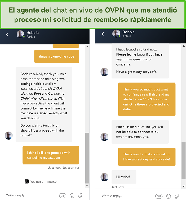 Captura de pantalla de una solicitud de reembolso exitosa a través del chat en vivo de OVPN