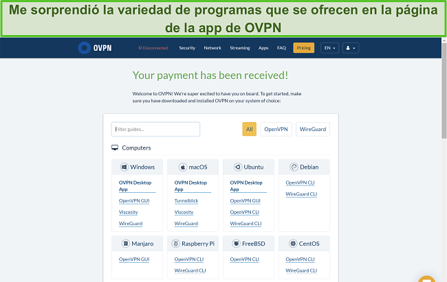 Captura de pantalla de las opciones de la aplicación de OVPN