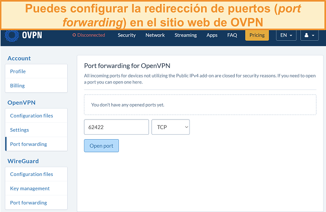 Captura de pantalla de la opción de reenvío de puertos en OVPN