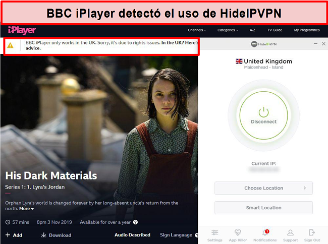 Captura de pantalla del error de BBC iPlayer al detectar que no se encuentra en el Reino Unido.