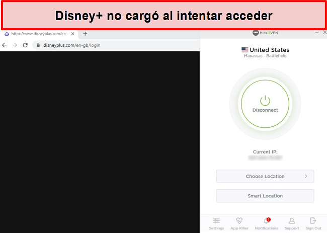 Captura de pantalla de HideIPVPN que no accede a Disney +.