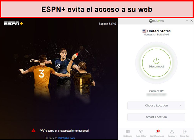 Captura de pantalla de ESPN + que le impide acceder a sus servicios a través de HideIPVPN.