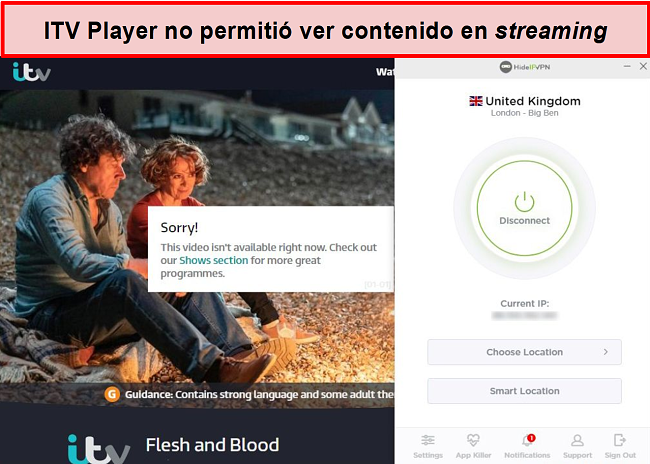 La captura de pantalla de la opción de eliminación de transmisión de ITV Player se muestra en la conexión HideIPVPN. En cambio, afirma que el video no está disponible para su reproducción en este momento.