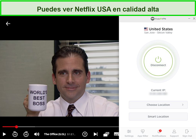 Captura de pantalla de HideIPVPN desbloqueando Netflix de EE. UU., Transmitiendo The Office (EE. UU.).