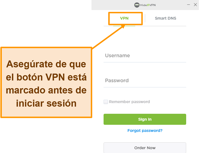 Captura de pantalla de la pantalla de inicio de sesión de HideIPVPN para escritorio.