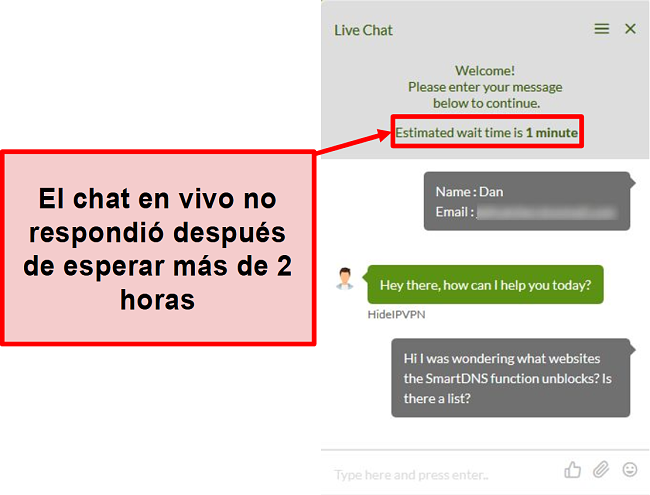 Captura de pantalla del chat en vivo de HideIPVPN que no responde.