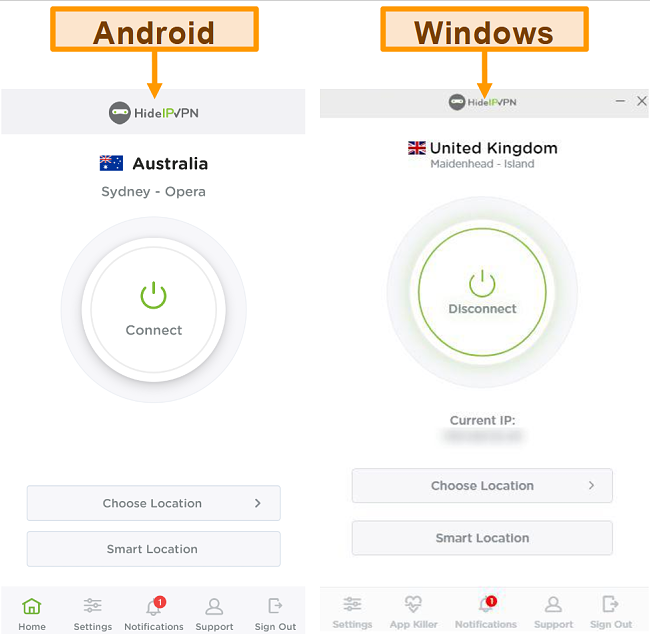 Captura de pantalla de las aplicaciones móviles y de escritorio de HideIPVPN.
