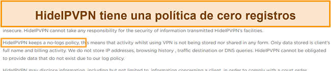 Captura de pantalla de la política de no registro de HideIPVPN.