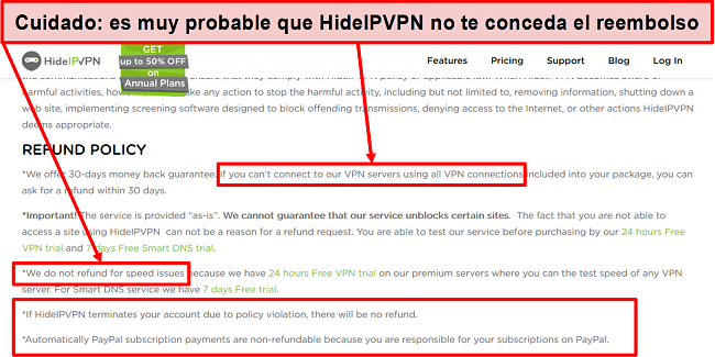 Captura de pantalla de la política de reembolso de HidelVPN