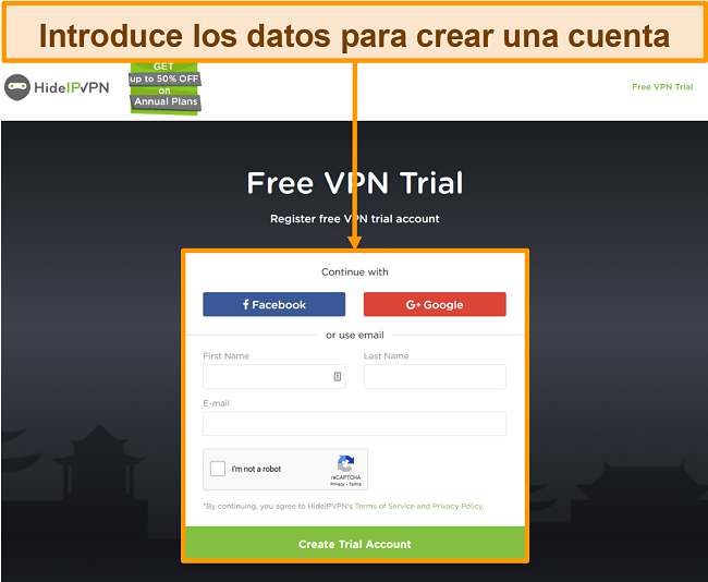 Captura de pantalla del proceso de creación de cuenta de HideIPVPN.